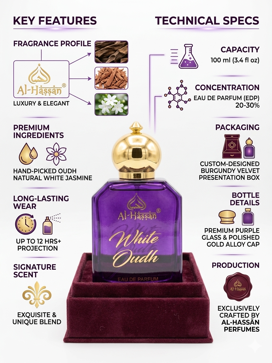 Al-Hassan White Oudh Eau De Parfum | 100ml Luxury Unisex Perfume | Long-Lasting Oud, Jasmine & Woody Fragrance | Premium Arabian Attar Style Scent
