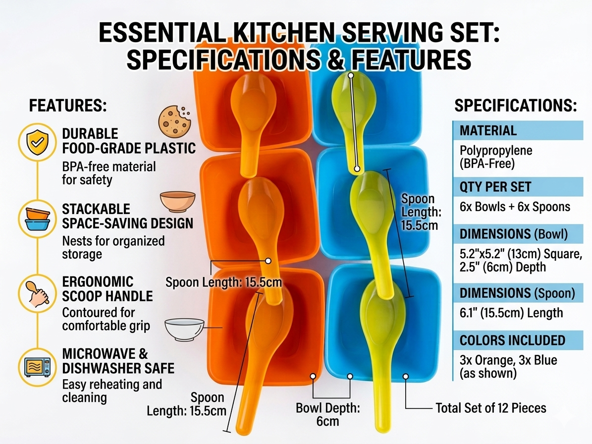 12-Piece Kitchen Serving Bowl Set with Spoons – BPA-Free Plastic Snack & Dessert Bowls, Stackable Space-Saving Design, Microwave & Dishwasher Safe, Multicolor (Orange & Blue)