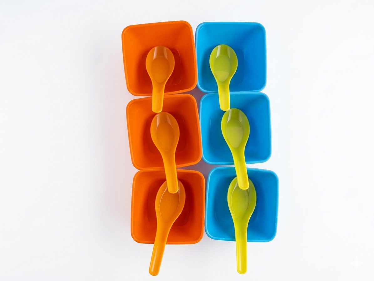 12-Piece Kitchen Serving Bowl Set with Spoons – BPA-Free Plastic Snack & Dessert Bowls, Stackable Space-Saving Design, Microwave & Dishwasher Safe, Multicolor (Orange & Blue)