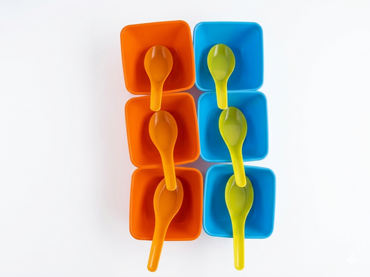 12-Piece Kitchen Serving Bowl Set with Spoons – BPA-Free Plastic Snack & Dessert Bowls, Stackable Space-Saving Design, Microwave & Dishwasher Safe, Multicolor (Orange & Blue)