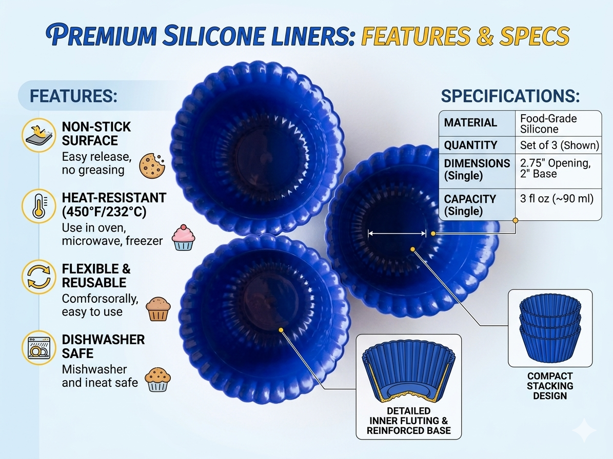 Silicone Baking Cups Set of 3 – Non-Stick Reusable Muffin Liners, Food-Grade Silicone Cupcake Molds