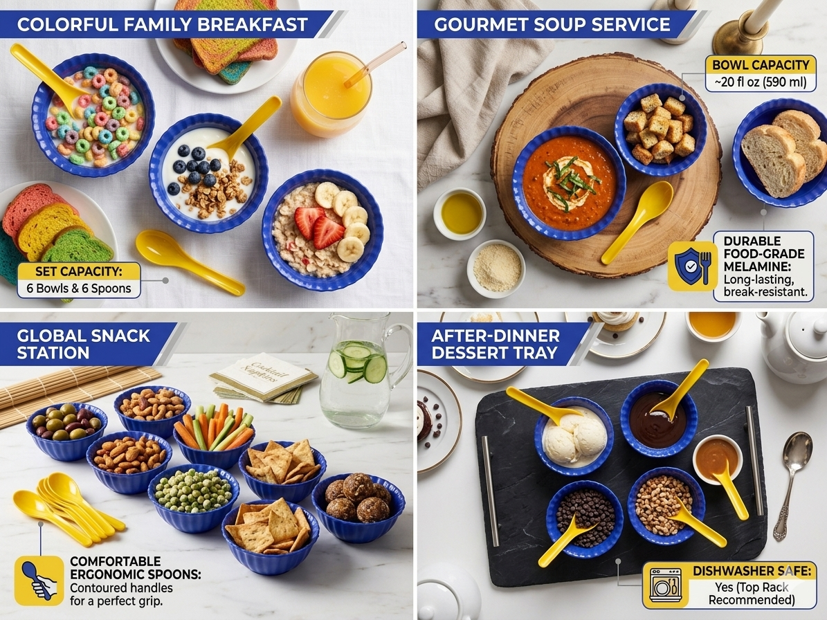 Kitchen Serving Bowl Set with Spoons (6-Piece) – BPA-Free Plastic Snack & Dessert Bowl