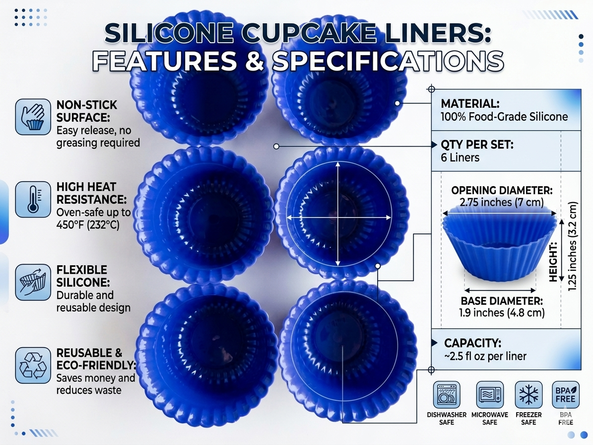 Silicone Cupcake Liners Set of 6 – Reusable Non-Stick Muffin Baking Cups, Food-Grade Silicone, Heat Resistant 450°F, Dishwasher Safe, Oven Microwave Freezer Safe (Blue)