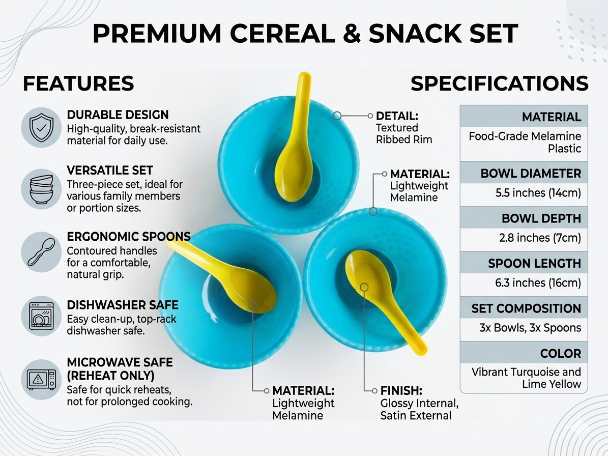 Cereal & Snack Bowl Set with Spoons (6-Piece) – Food-Grade Melamine Bowls, Lightweight & Durable, Dishwasher Safe
