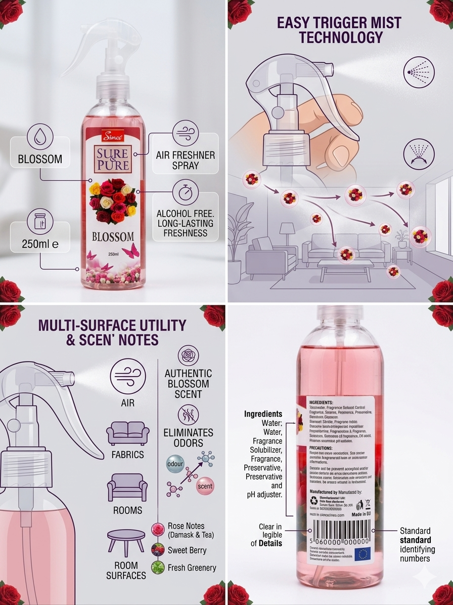Simco Sure & Pure Blossom Air Freshener Spray 250ml | Long Lasting Floral Room Freshener | Multi-Surface Fragrance Spray for Home, Office & Car