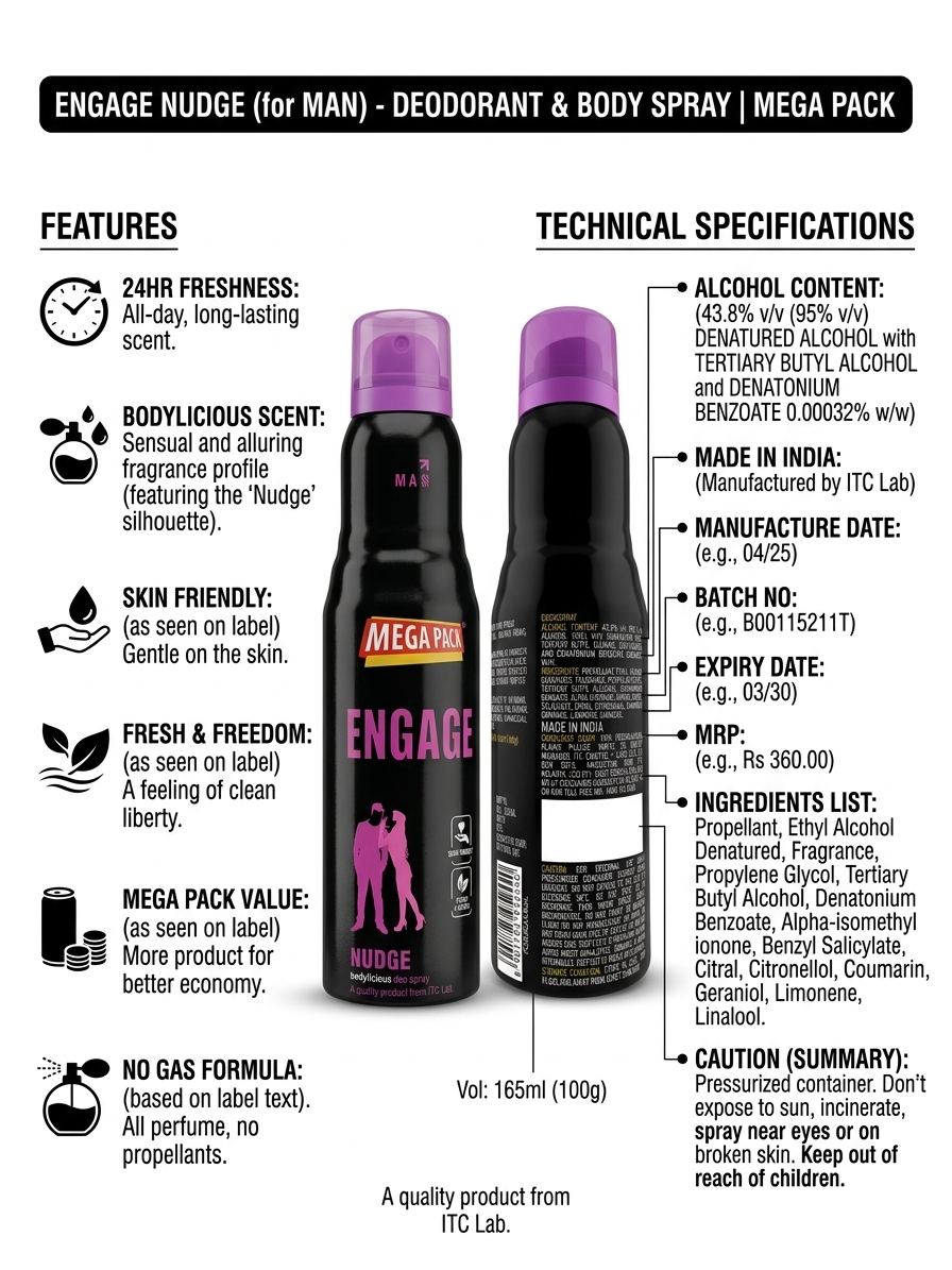 Engage टिक्ल डियोडरेंट स्प्रे फॉर मेन 165ml | लॉन्ग लास्टिंग परफ्यूम बॉडी स्प्रे | नो गैस डियोडरेंट | 24 घंटे की ताजगी | स्किन-फ्रेंडली खुशबू