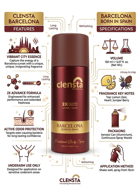 Clensta Barcelona Deodorant Body Spray 150ml | Juniper Berry & Lemon Fragrance | 2X Advance Formula