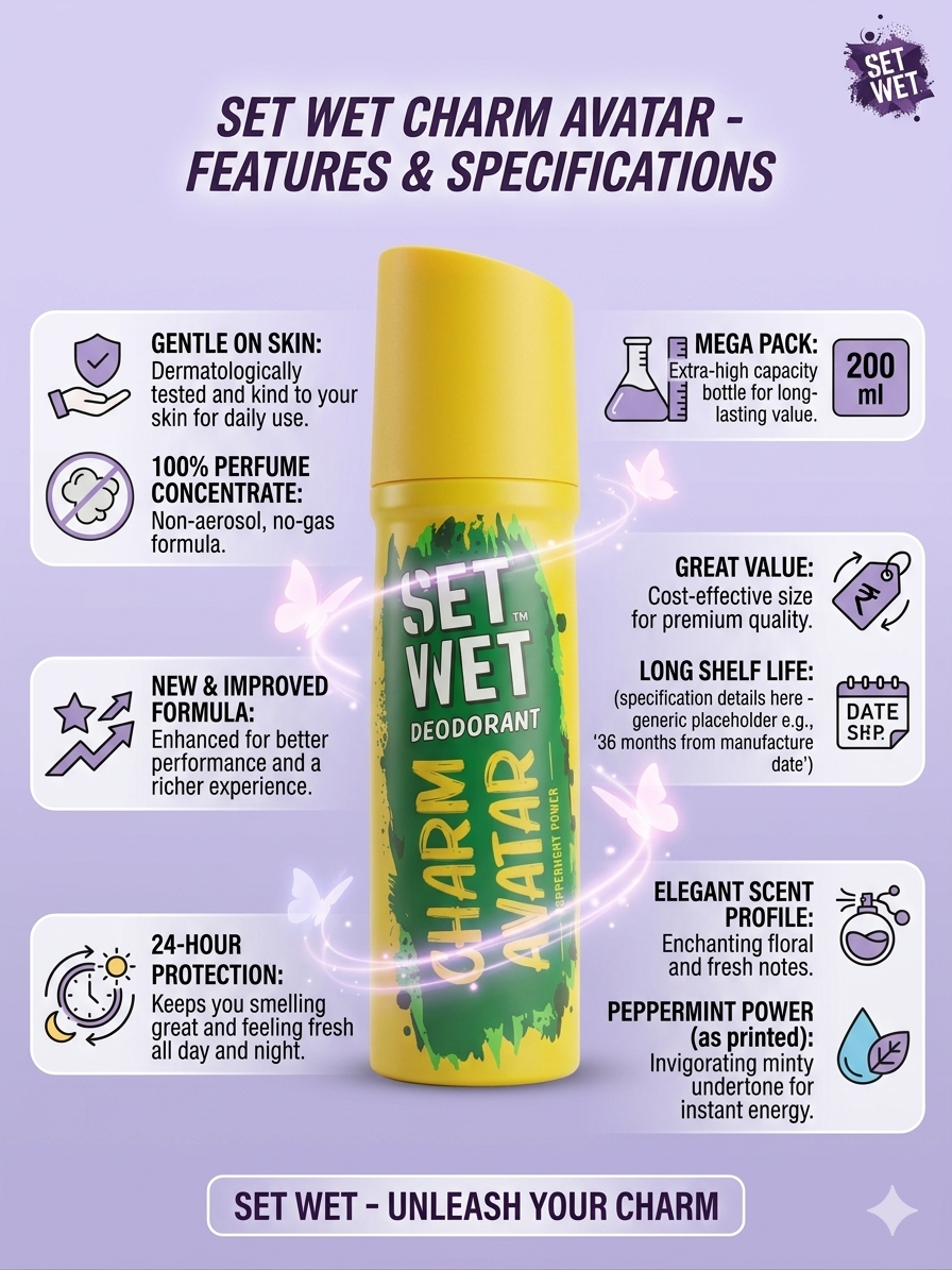 Set Wet Charm Avatar Deodorant for Men, 200ml Mega Pack | 24-Hour Freshness & Odour Protection |