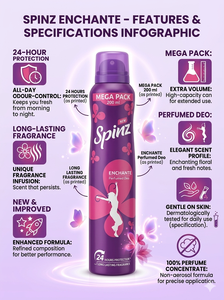 Spinz Enchante Perfumed Deo for Women, 200ml Mega Pack | 24-Hour Odour Protection