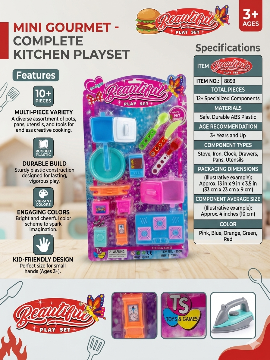 Beautiful Play Set Mini Gourmet Complete Kitchen Playset for Kids – 12+ Piece Pretend Play Accessories with Stove, Pots, Pans, and Utensils – Durable ABS Plastic – Vivid Colors, Ages 3+