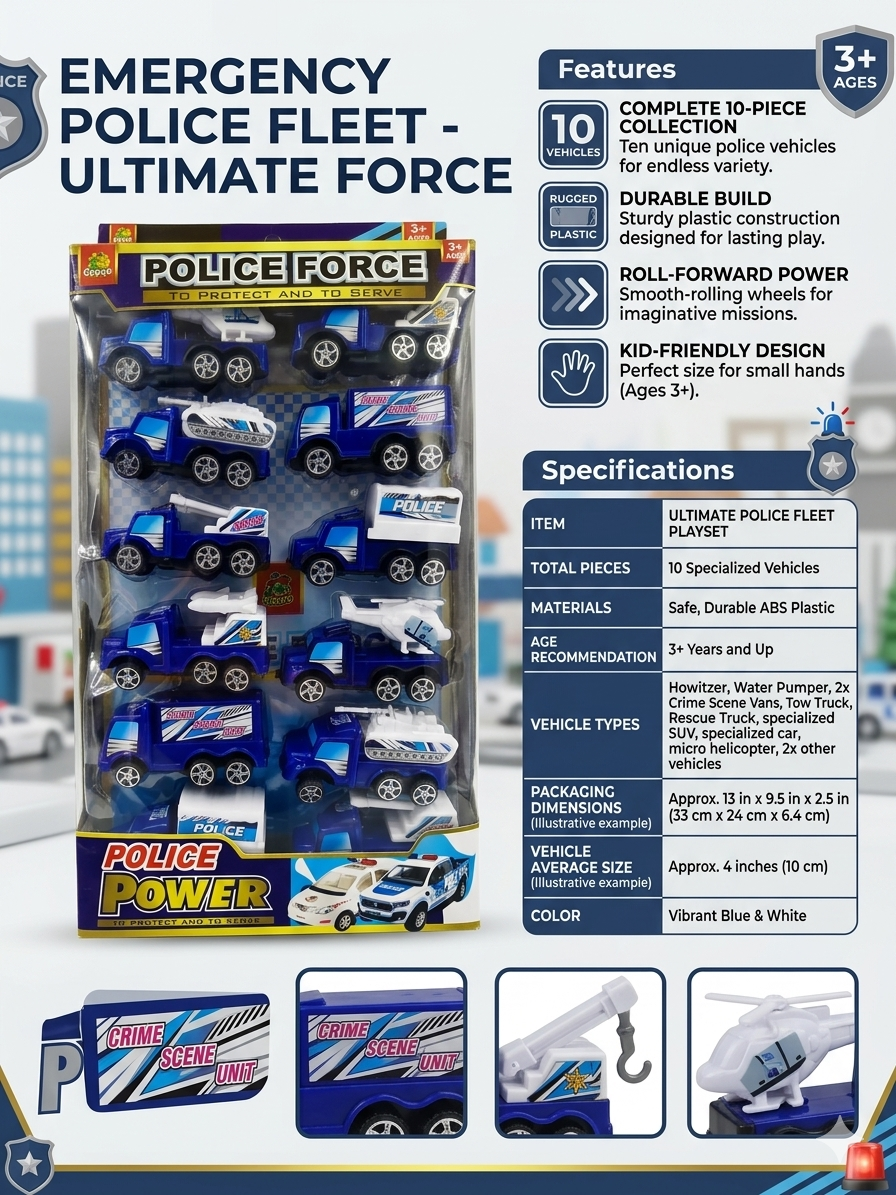 Ultimate Police Fleet Emergency Vehicle Playset – 12-Piece Die-Cast Style Police Force Collection – Includes Helicopter, Tow Truck, Rescue Truck & Crime Scene Vans – Rugged ABS Plastic, Ages 3+