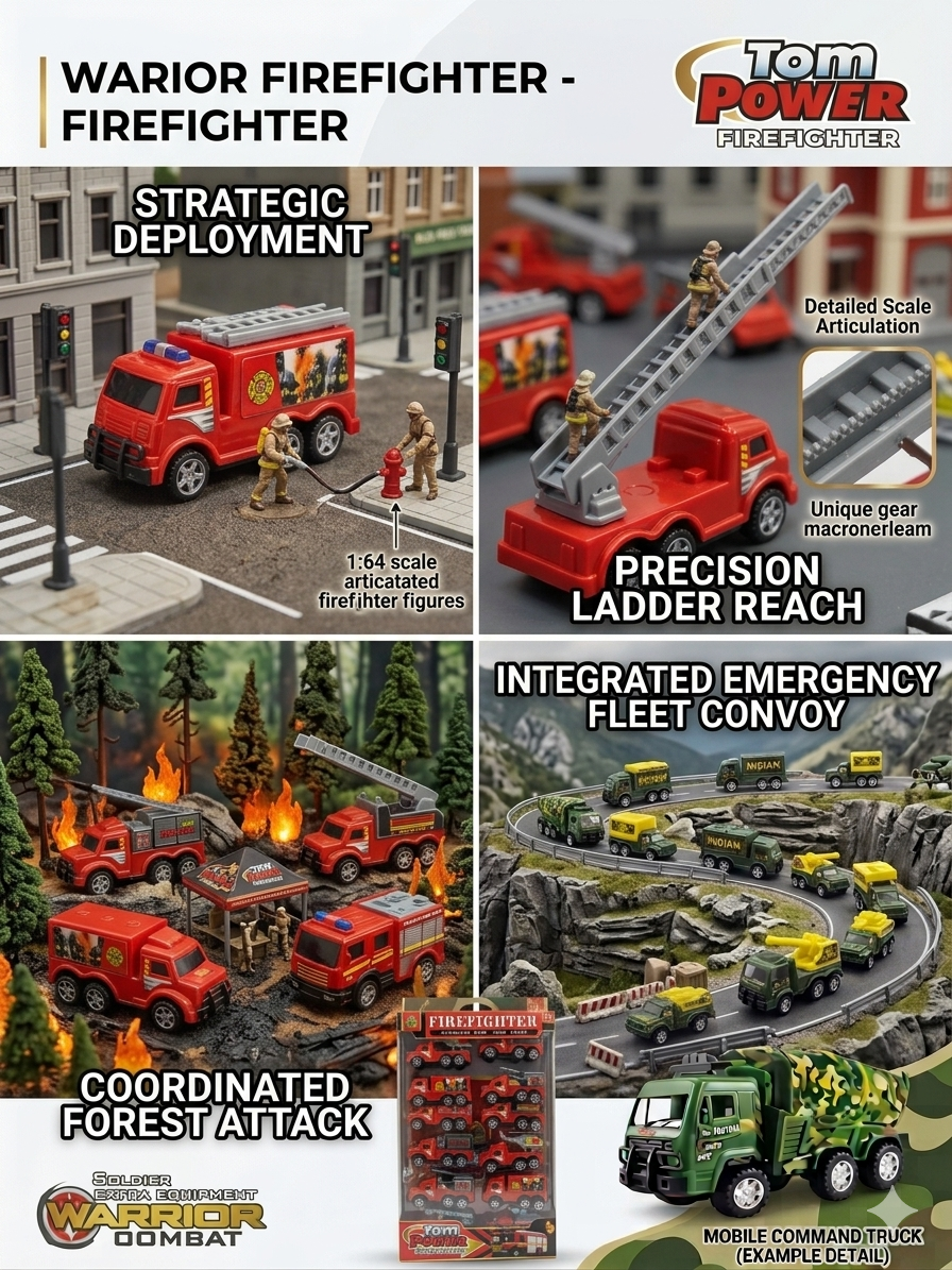 Tom Power Warrior Firefighter Ultimate Emergency Fleet – 10-Piece Fire Truck Toy Set for Kids – Includes Ladder Trucks, Rescue Helicopter, and Water Pumper – Sturdy ABS Plastic, Ages 3+