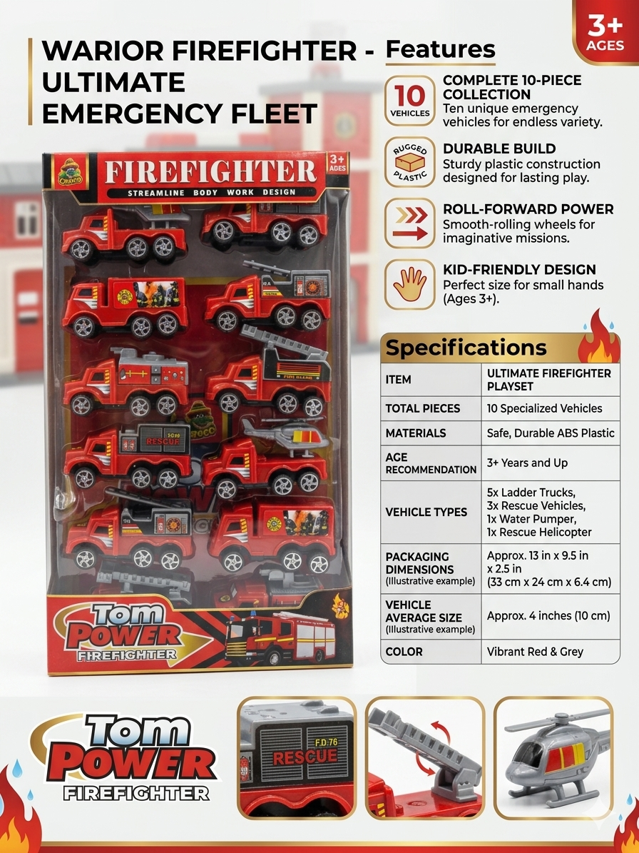 Tom Power Warrior Firefighter Ultimate Emergency Fleet – 10-Piece Fire Truck Toy Set for Kids – Includes Ladder Trucks, Rescue Helicopter, and Water Pumper – Sturdy ABS Plastic, Ages 3+
