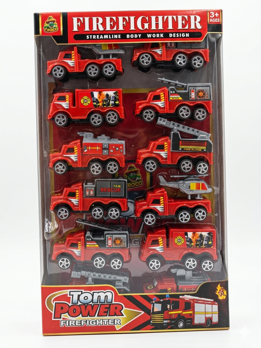 Tom Power Warrior Firefighter Ultimate Emergency Fleet – 10-Piece Fire Truck Toy Set for Kids – Includes Ladder Trucks, Rescue Helicopter, and Water Pumper – Sturdy ABS Plastic, Ages 3+