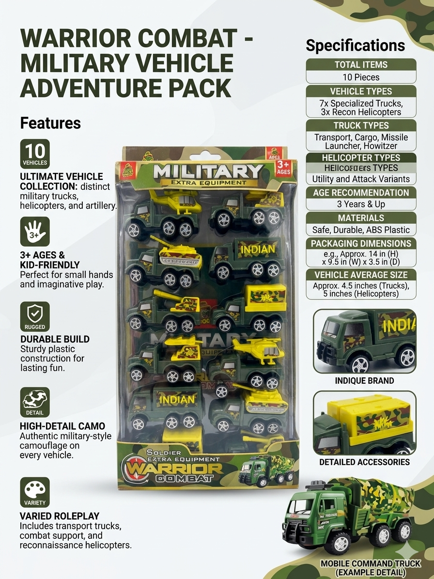Indique Warrior Combat Military Vehicle Adventure Pack – 10-Piece Army Toy Set for Kids – Includes Missile Launcher, Transport Trucks, Cargo Carriers, and Recon Helicopters – Authentic Camo Design, Ages 3+