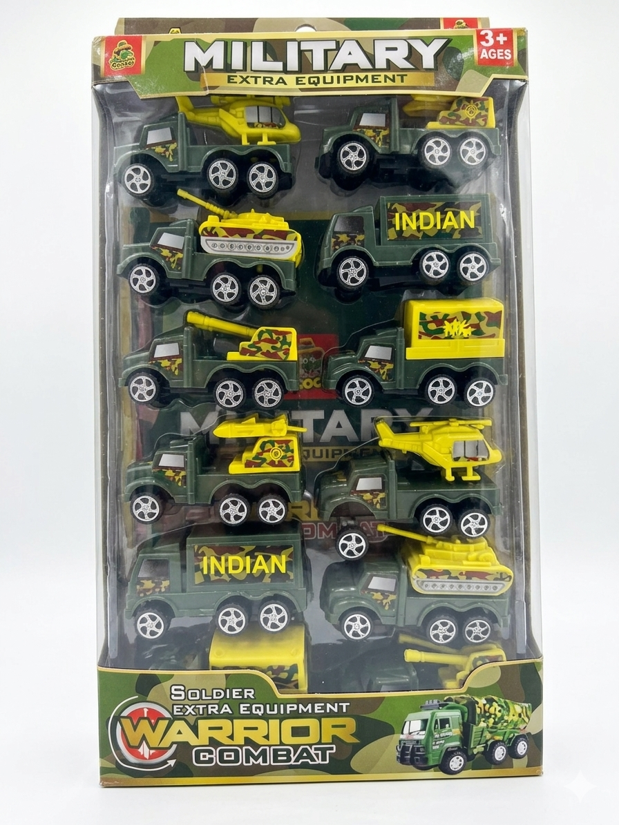 Indique Warrior Combat Military Vehicle Adventure Pack – 10-Piece Army Toy Set for Kids – Includes Missile Launcher, Transport Trucks, Cargo Carriers, and Recon Helicopters – Authentic Camo Design, Ages 3+