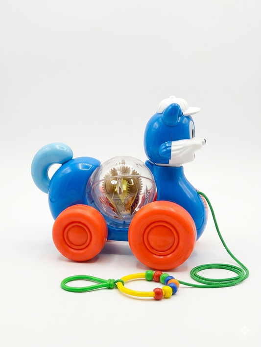 Blue Cat Pull Along Toy for Toddlers – Gear Movement Learning Toy with Bead Ring, Sensory Activity Toy with Wheels for Babies & Kids (12+ Months)