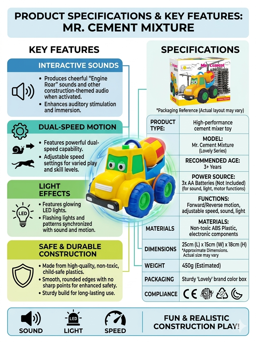 🚧 Product Title (SEO Optimized)  Mr. Cement Mixer Toy Truck for Kids – Battery Operated Construction Vehicle with Lights, Sound & Dual Speed, Realistic Mixer Toy for Boys & Girls (3+ Years)