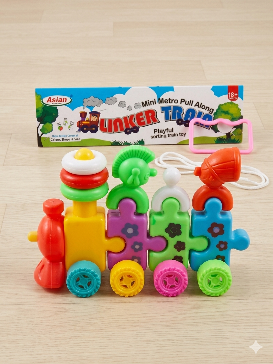 Asian Linker Train Toy for Kids – Pull Along Educational Toy with Stacking Rings, Puzzle Linking Cars & Rotating Funnel, Multi-Functional Learning Toy for Toddlers (18+ Months)