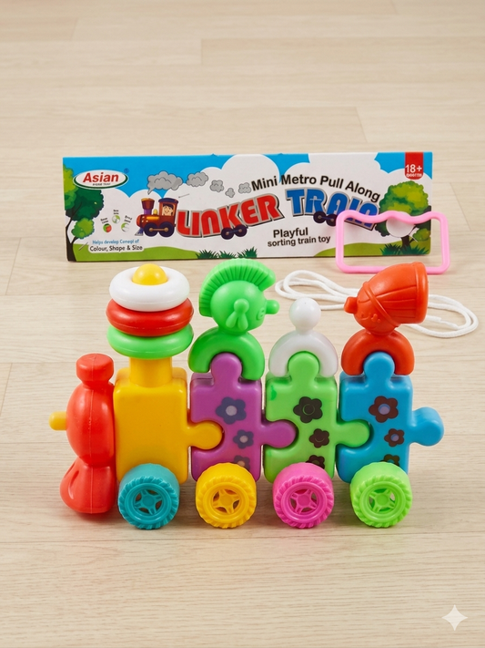 Asian Linker Train Toy for Kids – Pull Along Educational Toy with Stacking Rings, Puzzle Linking Cars & Rotating Funnel, Multi-Functional Learning Toy for Toddlers (18+ Months)