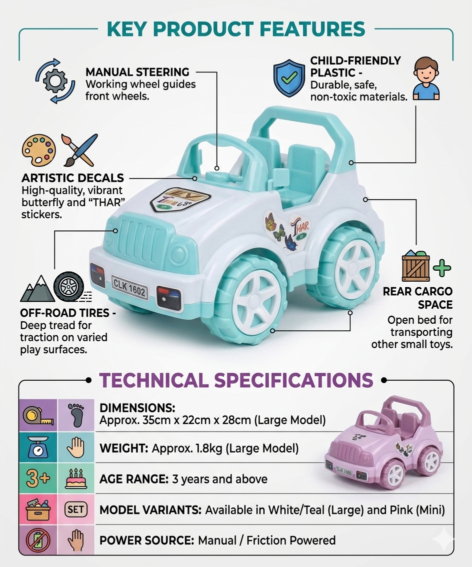Kids Jeep Toy Car with Manual Steering – Big Size Off-Road Vehicle with Rear Cargo Space, Friction Powered Toy Car for Boys & Girls (3+ Years)
