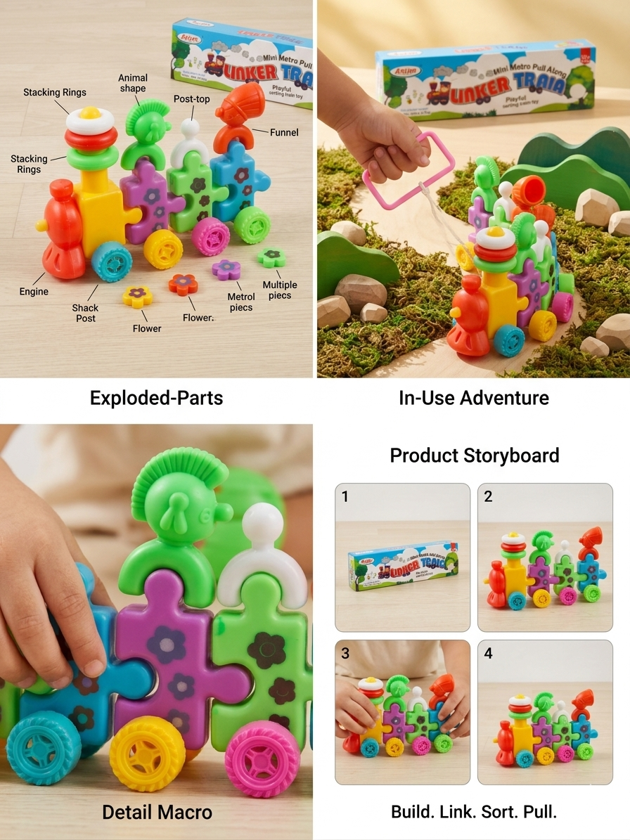 Asian Linker Train Toy for Kids – Pull Along Educational Toy with Stacking Rings, Puzzle Linking Cars & Rotating Funnel, Multi-Functional Learning Toy for Toddlers (18+ Months)