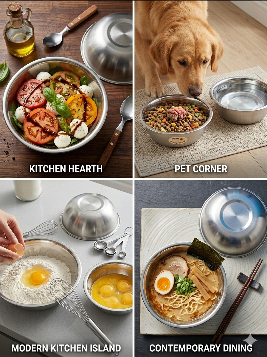 Stainless Steel Bowl Set (1.2L) – 304 Food Grade Mixing & Pet Feeding Bowl, Rust-Proof, Easy to Clean, Multi-Purpose Kitchen & Pet Bowl