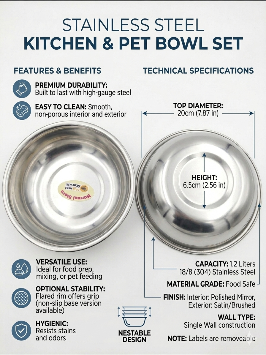 Stainless Steel Bowl Set (1.2L) – 304 Food Grade Mixing & Pet Feeding Bowl, Rust-Proof, Easy to Clean, Multi-Purpose Kitchen & Pet Bowl