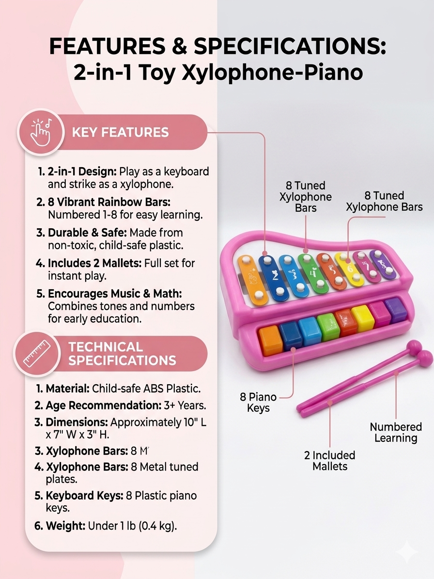 2-in-1 Kids Xylophone Piano Toy | Musical Keyboard with 8 Notes & Rainbow Bars | Educational Music Toy with Mallets for Toddlers (3+ Years)