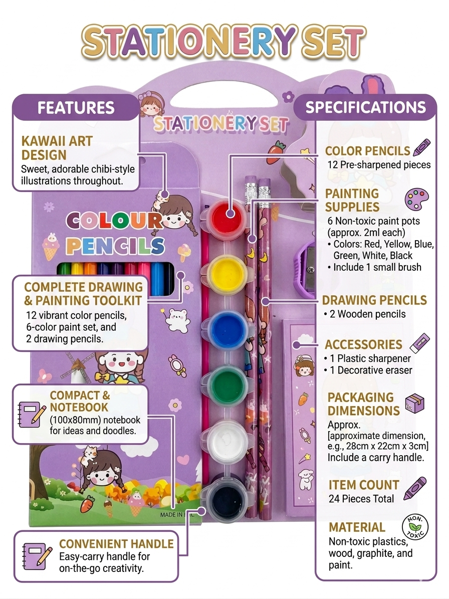 Kawaii Stationery Set for Kids (24 Pieces) | Colour Pencils, Paint Set, Notebook, Eraser & Sharpener