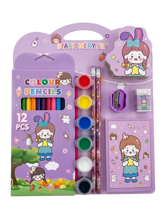 Kawaii Stationery Set for Kids (24 Pieces) | Colour Pencils, Paint Set, Notebook, Eraser & Sharpener