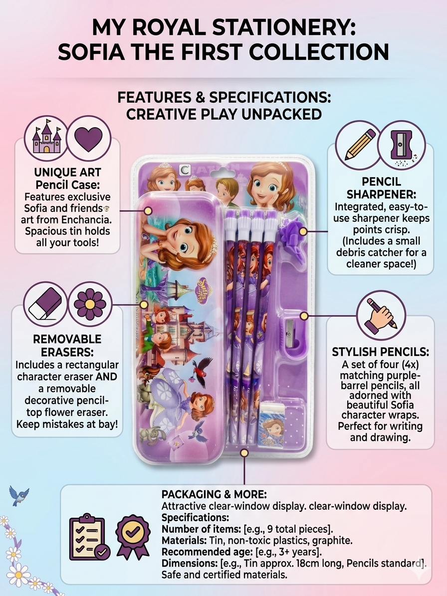 Sofia The First Stationery Set for Kids | Pencil Box with Pencils, Erasers & Sharpener