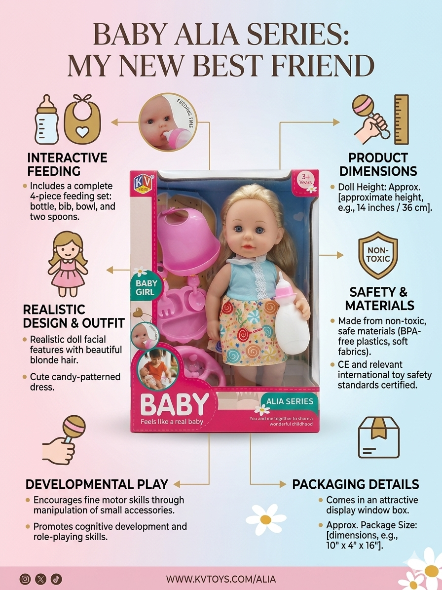 Baby Alia Series Doll with Feeding Set Accessories | Realistic Baby Girl Doll Toy for Kids 3+ Years | Bottle, Bib, Bowl & Spoon Set
