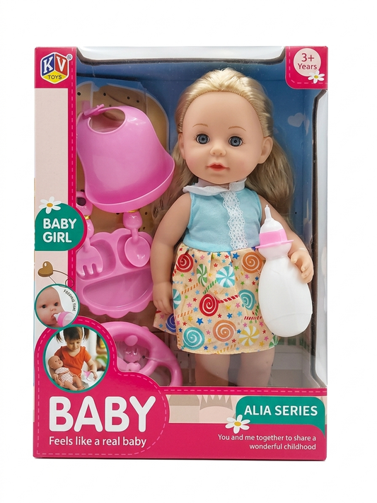Baby Alia Series Doll with Feeding Set Accessories | Realistic Baby Girl Doll Toy for Kids 3+ Years | Bottle, Bib, Bowl & Spoon Set