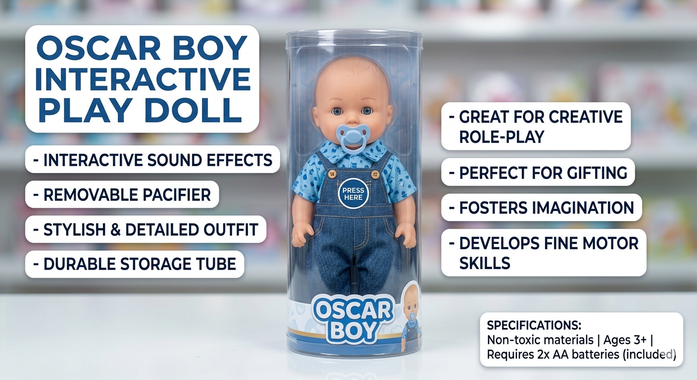 Oscar Boy Interactive Play Doll with Sound Effects & Removable Pacifier | Talking Baby Doll Toy for Kids 3+ Years