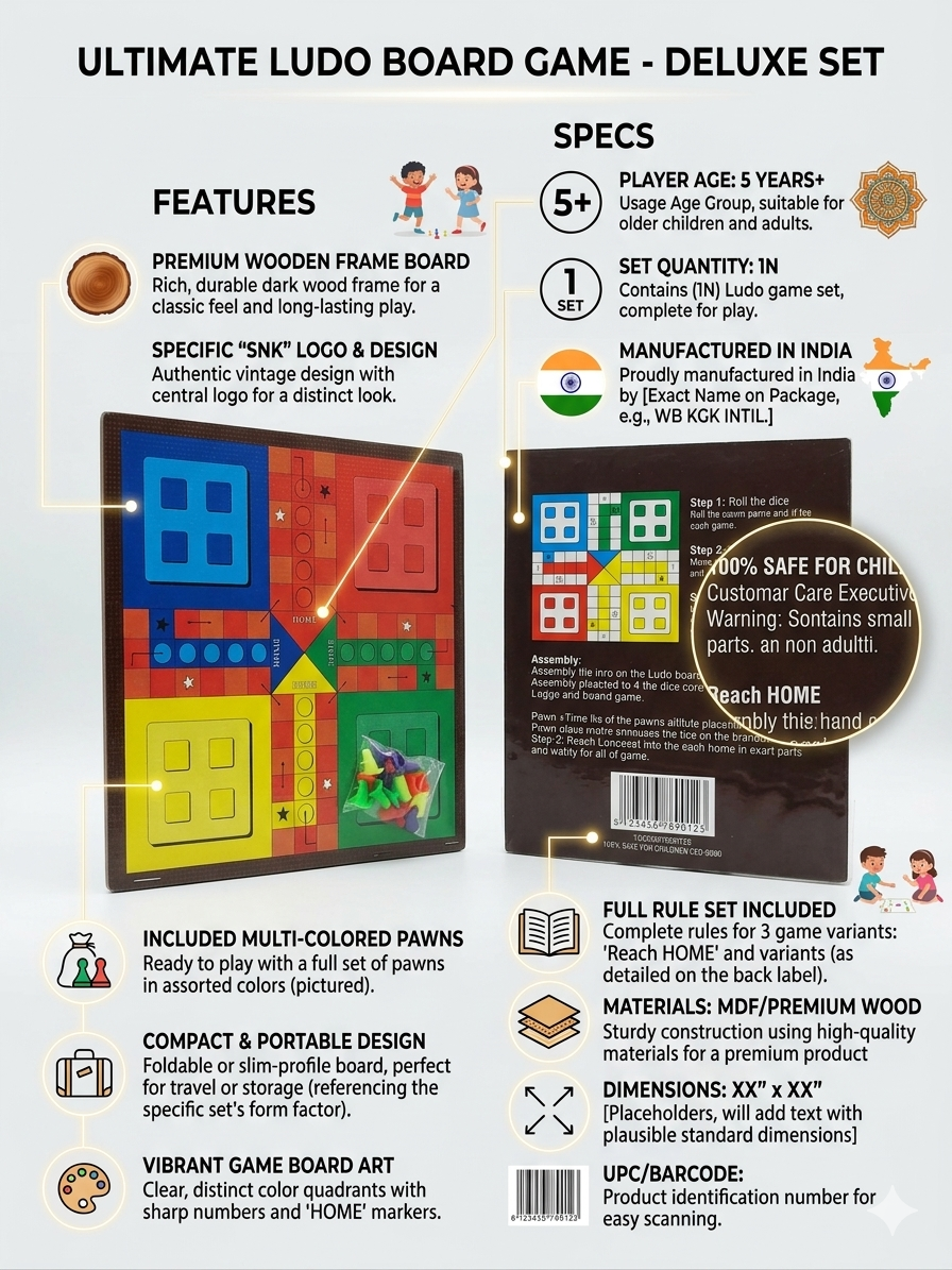 Wooden Ludo Board Game Deluxe Set | Classic Family Board Game with Dice & Multi-Color Pawns | Premium Wooden Frame | Foldable Travel Board | Indoor Game for Kids & Adults (5+ Years)