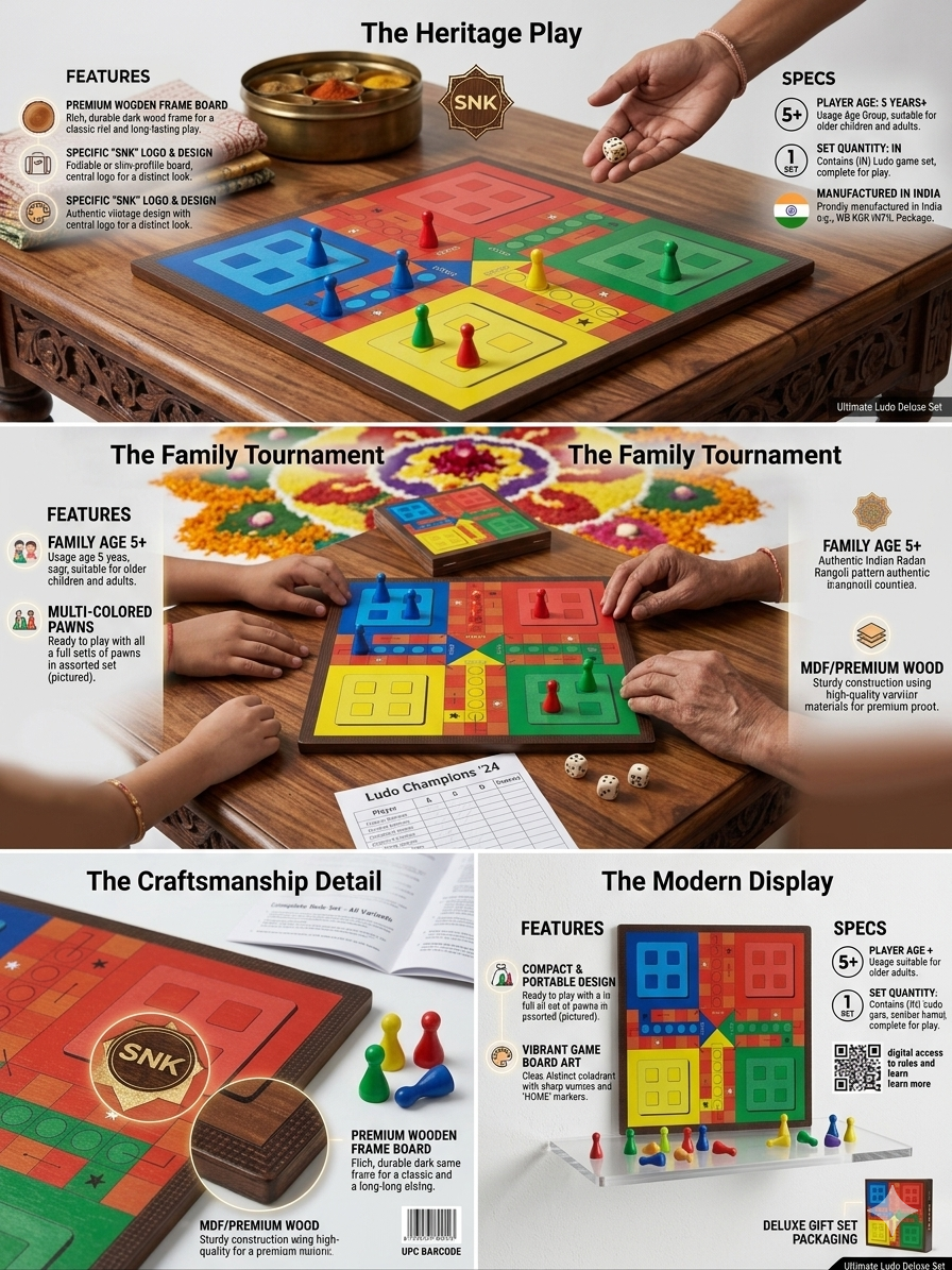 Wooden Ludo Board Game Deluxe Set | Classic Family Board Game with Dice & Multi-Color Pawns | Premium Wooden Frame | Foldable Travel Board | Indoor Game for Kids & Adults (5+ Years)