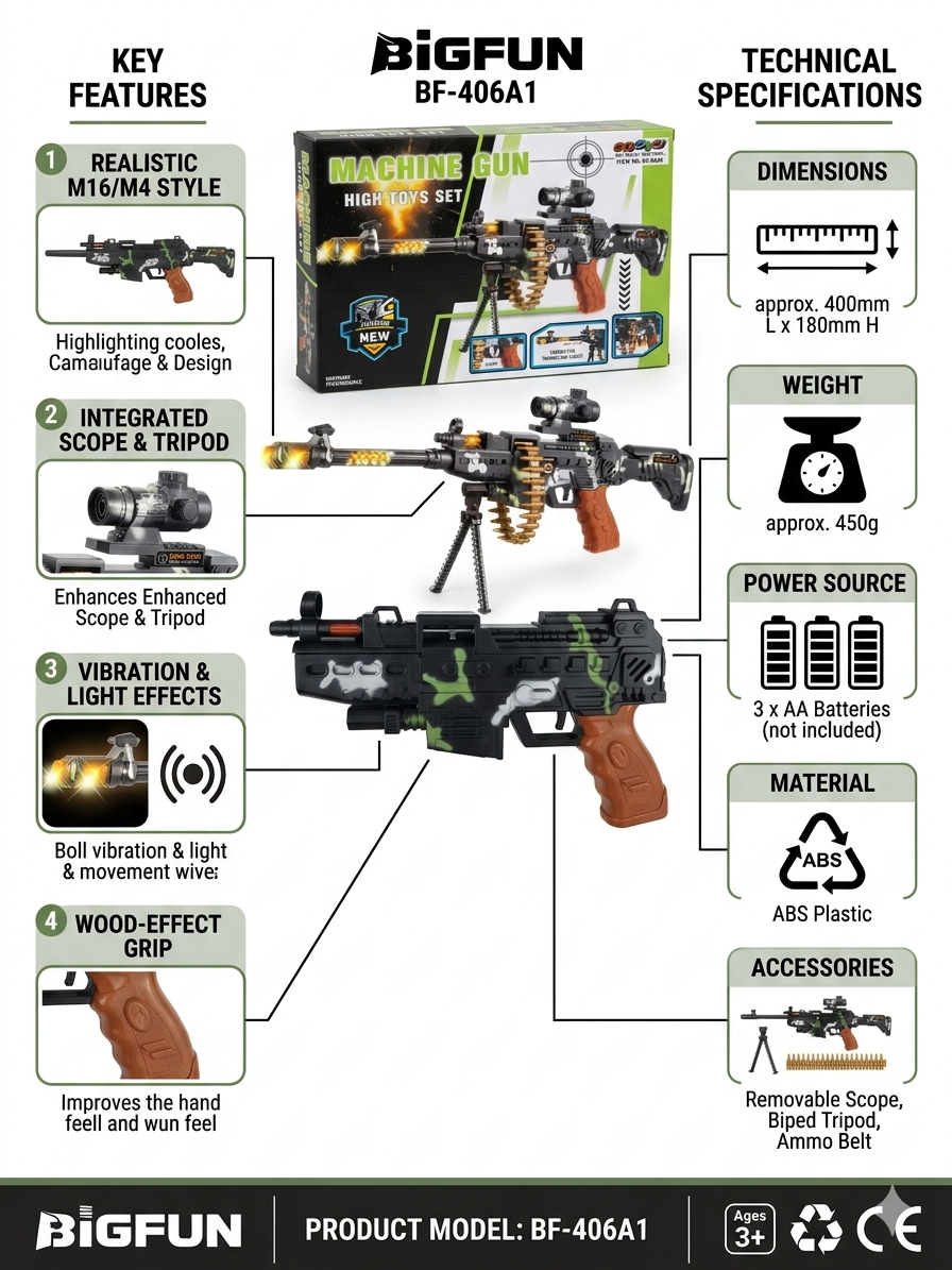 BIGFUN BF-406A1 Toy Machine Gun for Kids | M16/M4 Style Electric Toy Gun with Scope, Tripod & Ammo Belt | Lights, Sound & Vibration Effects | Battery Operated Non-Firing Gun (3+ Years)