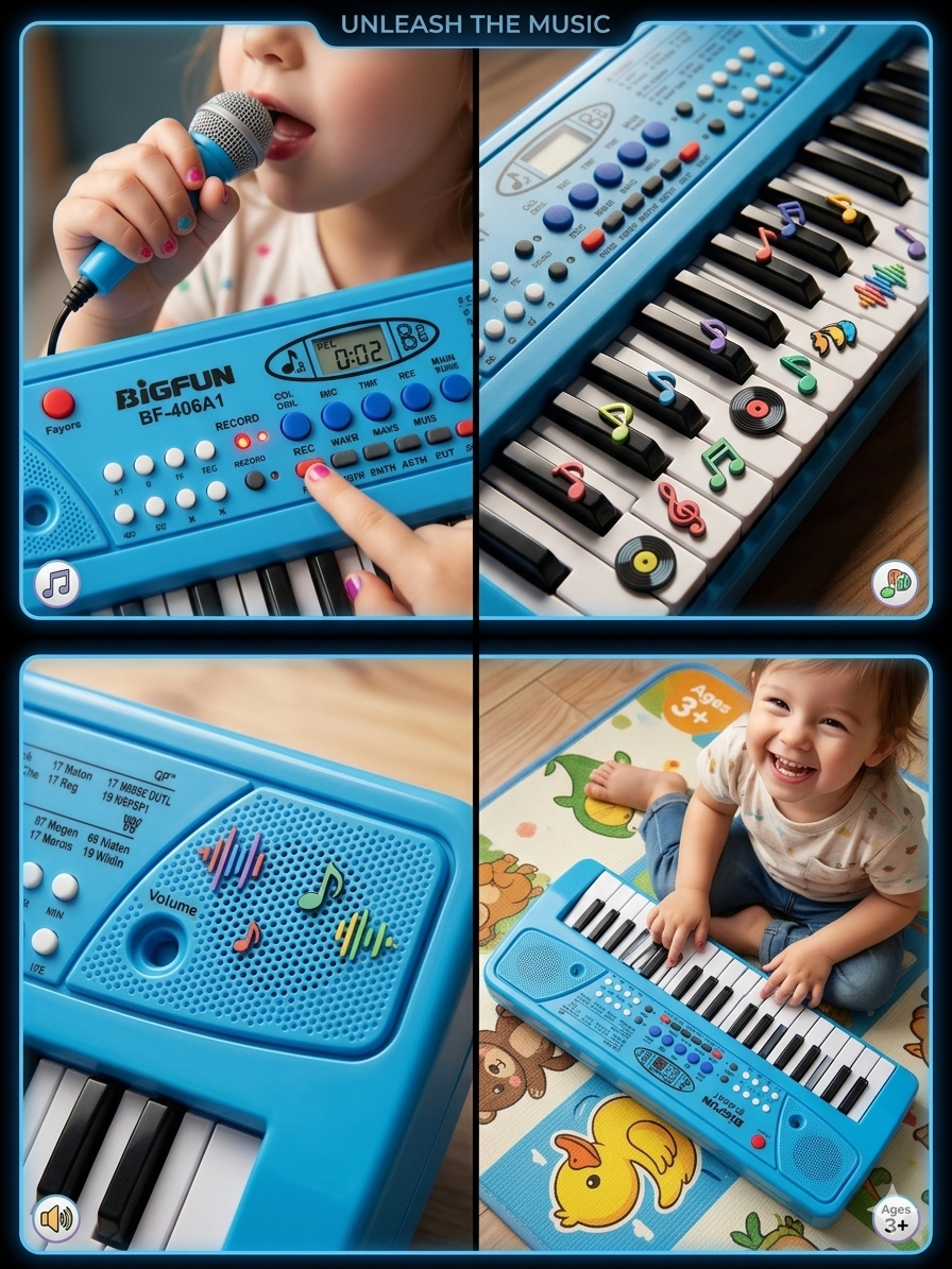 BIGFUN BF-406A1 Electronic Keyboard for Kids | 29 Keys Piano with Microphone & Recording | Stereo Speakers, 6 Rhythms & 6 Tones | Battery Operated Musical Toy (3+ Years)