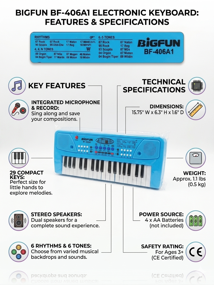BIGFUN BF-406A1 Electronic Keyboard for Kids | 29 Keys Piano with Microphone & Recording | Stereo Speakers, 6 Rhythms & 6 Tones | Battery Operated Musical Toy (3+ Years)