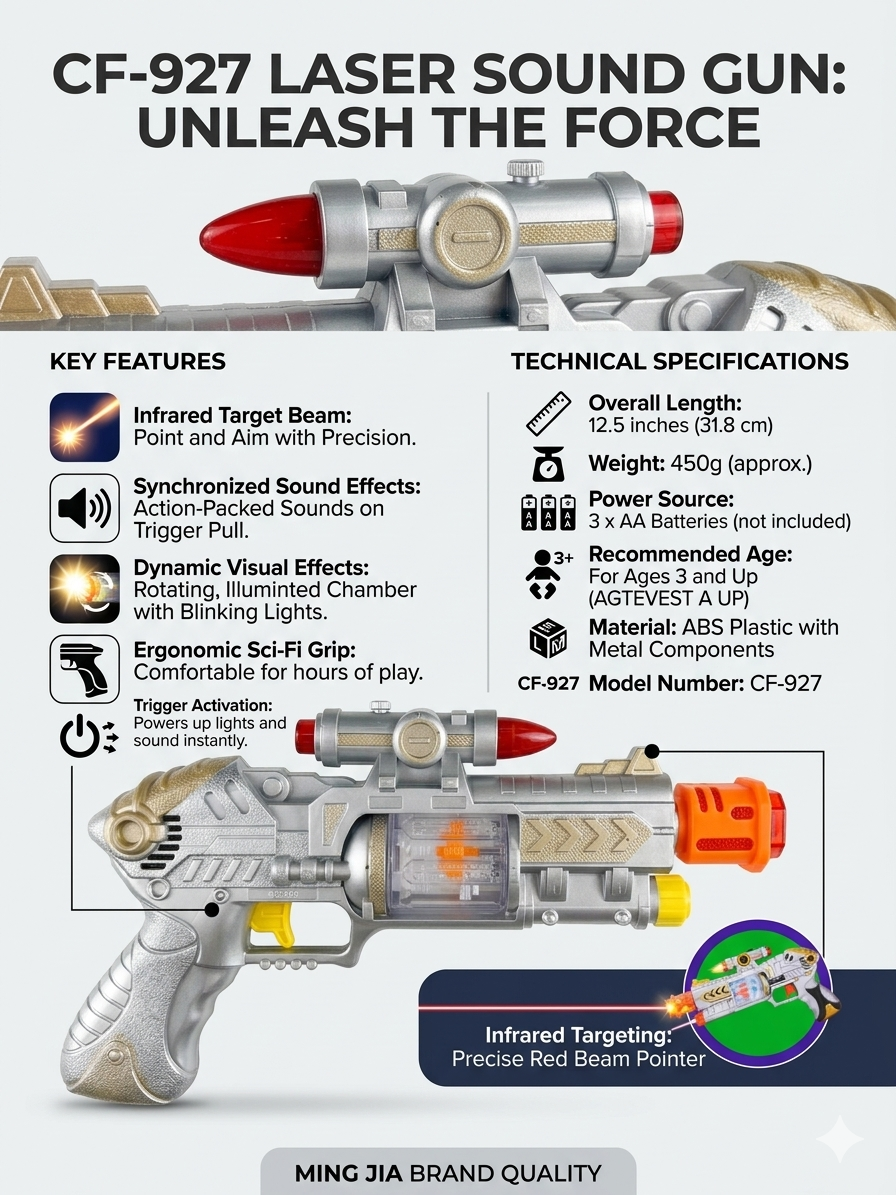 CF-927 Laser Sound Toy Gun for Kids | Infrared Target Beam, Lights & Sound Effects | Battery Operated Sci-Fi Blaster with Vibration & LED Effects | Safe Non-Firing Toy Gun (3+ Years)