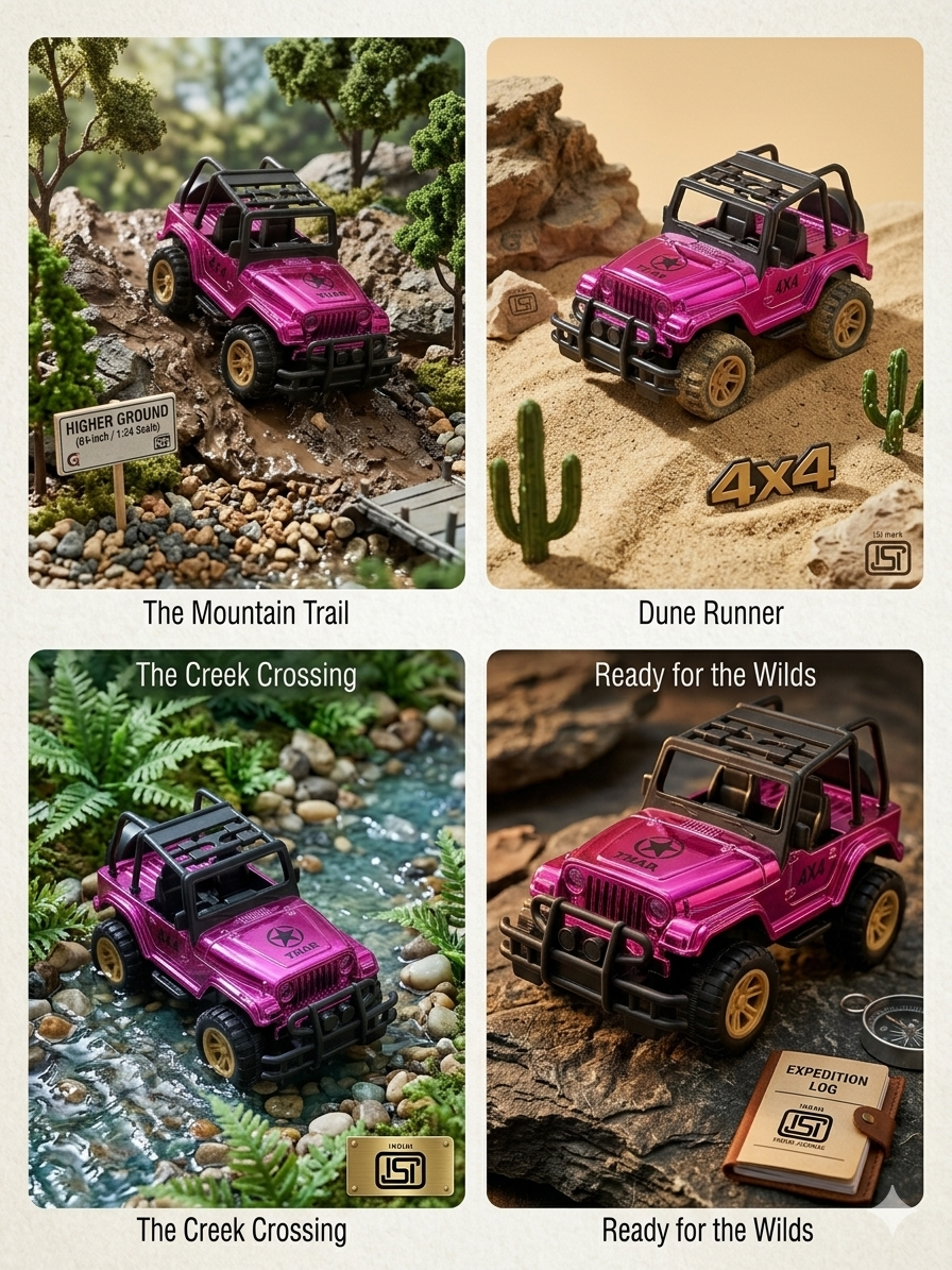 Die Cast Thar Toy Car 4x4 Off Road Jeep Model for Kids, Metal SUV Toy with Suspension & Realistic Interior, Pull Back / Push Toy Vehicle (Pink & Gold)