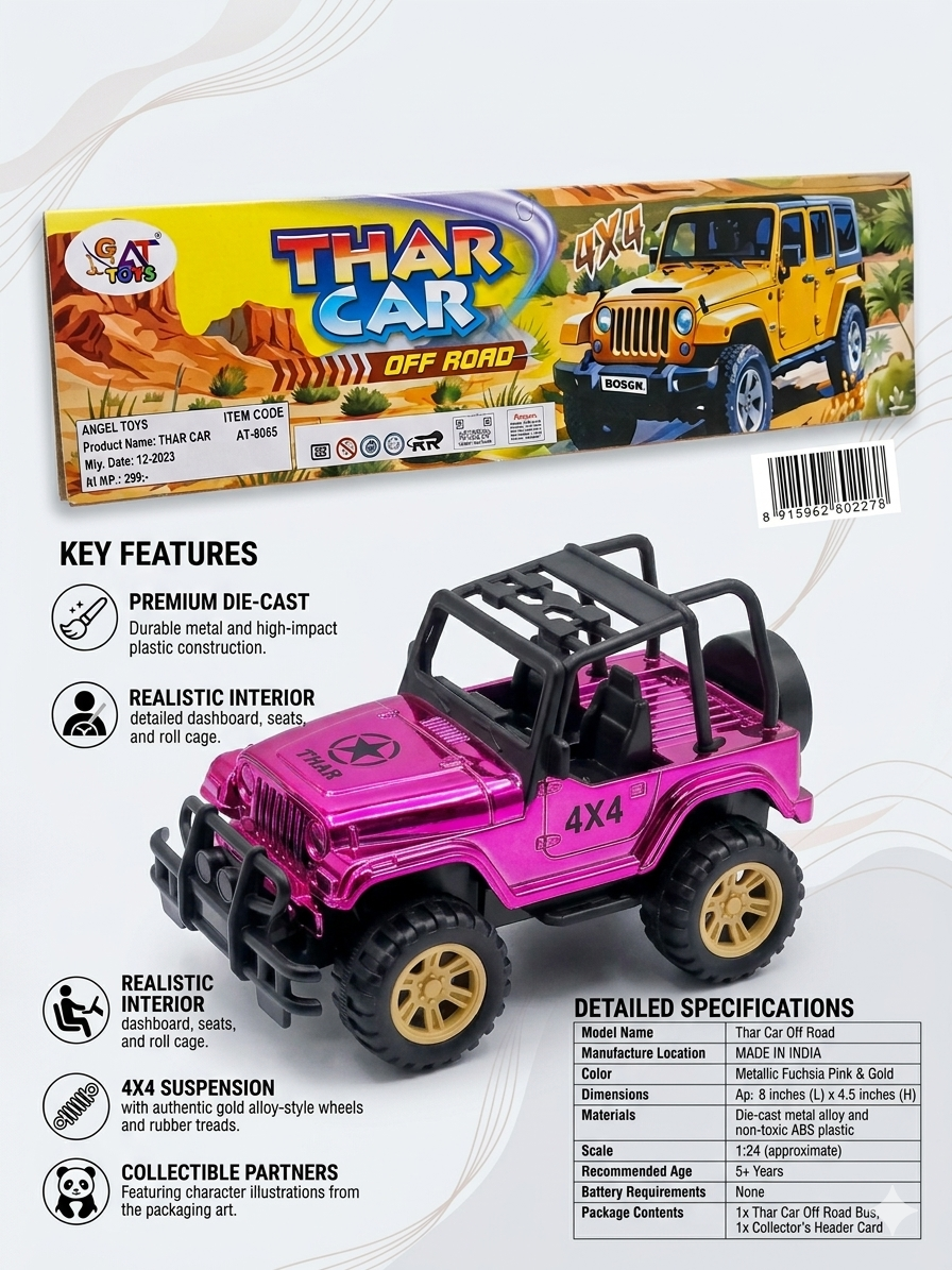 Die Cast Thar Toy Car 4x4 Off Road Jeep Model for Kids, Metal SUV Toy with Suspension & Realistic Interior, Pull Back / Push Toy Vehicle (Pink & Gold)