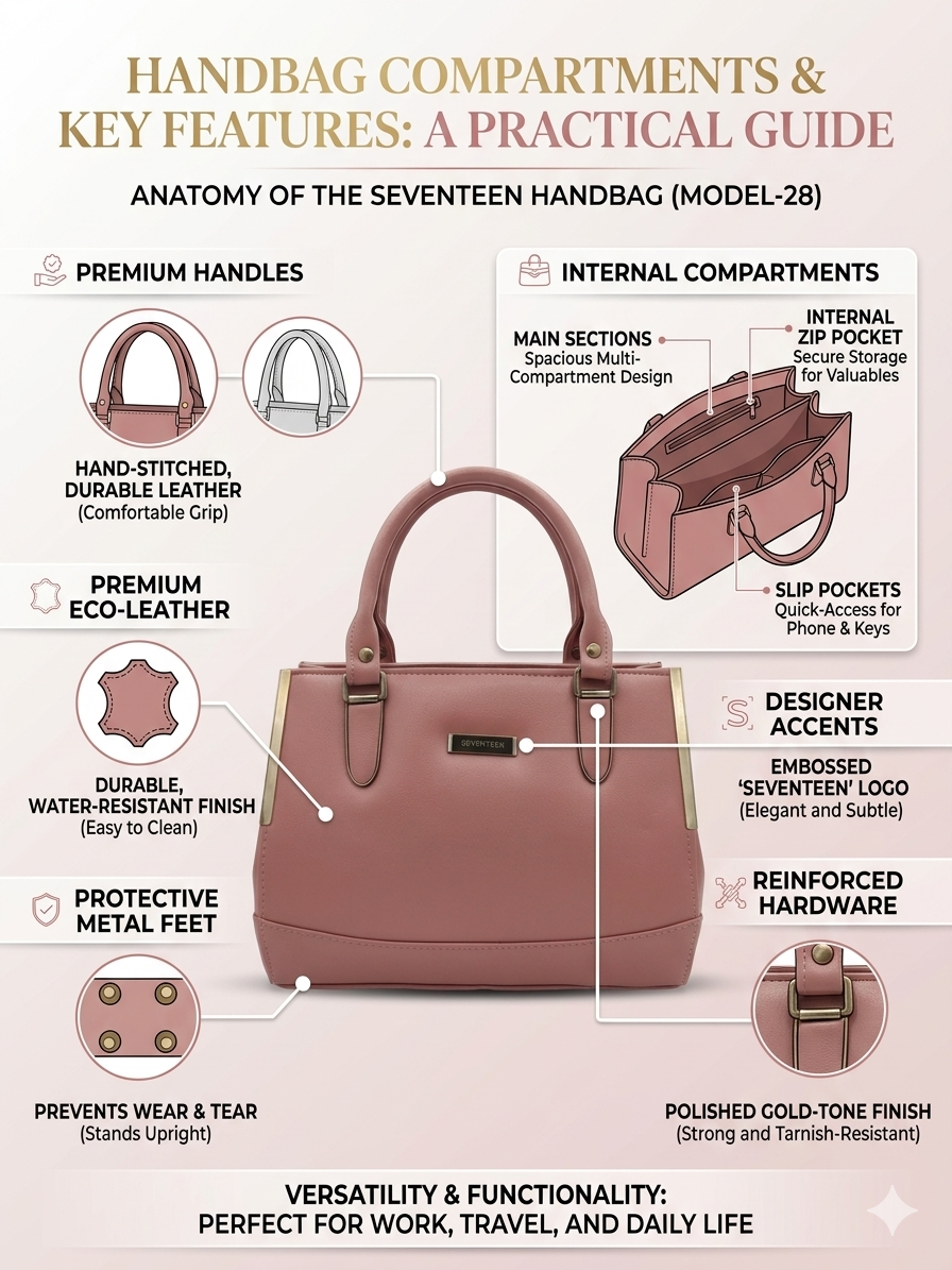 Seventeen Women’s Satchel Handbag (Model-28) | Premium Eco-Leather Tote with Multi Compartments, Zip Pocket & Gold-Tone Hardware