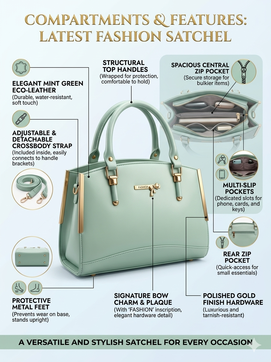 Mint Green Satchel Handbag for Women | Eco-Leather Structured Tote with Crossbody Strap