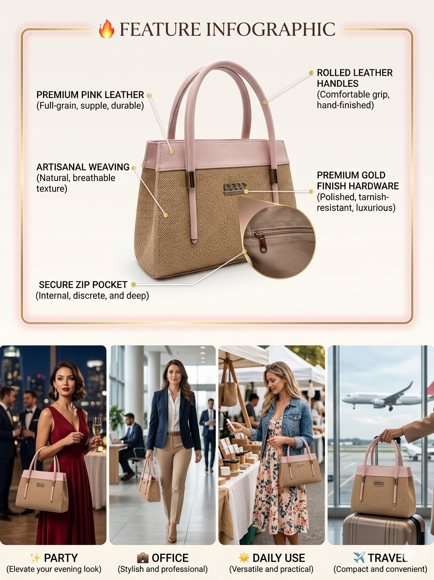 Premium Pink Leather Handbag for Women | Stylish Woven Tote Bag with Gold Finish Hardware