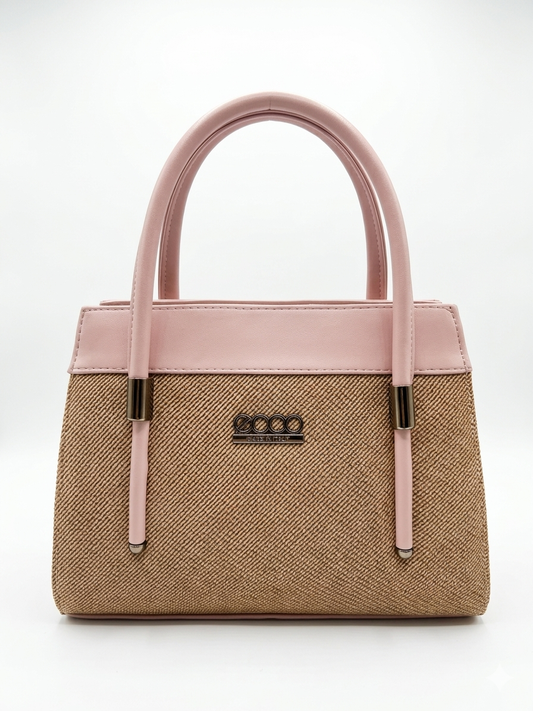 Premium Pink Leather Handbag for Women | Stylish Woven Tote Bag with Gold Finish Hardware