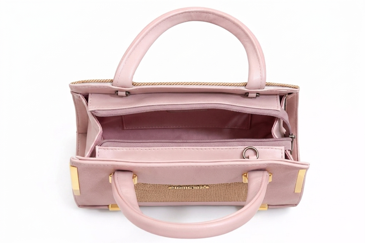 Premium Pink Leather Handbag for Women | Stylish Woven Tote Bag with Gold Finish Hardware