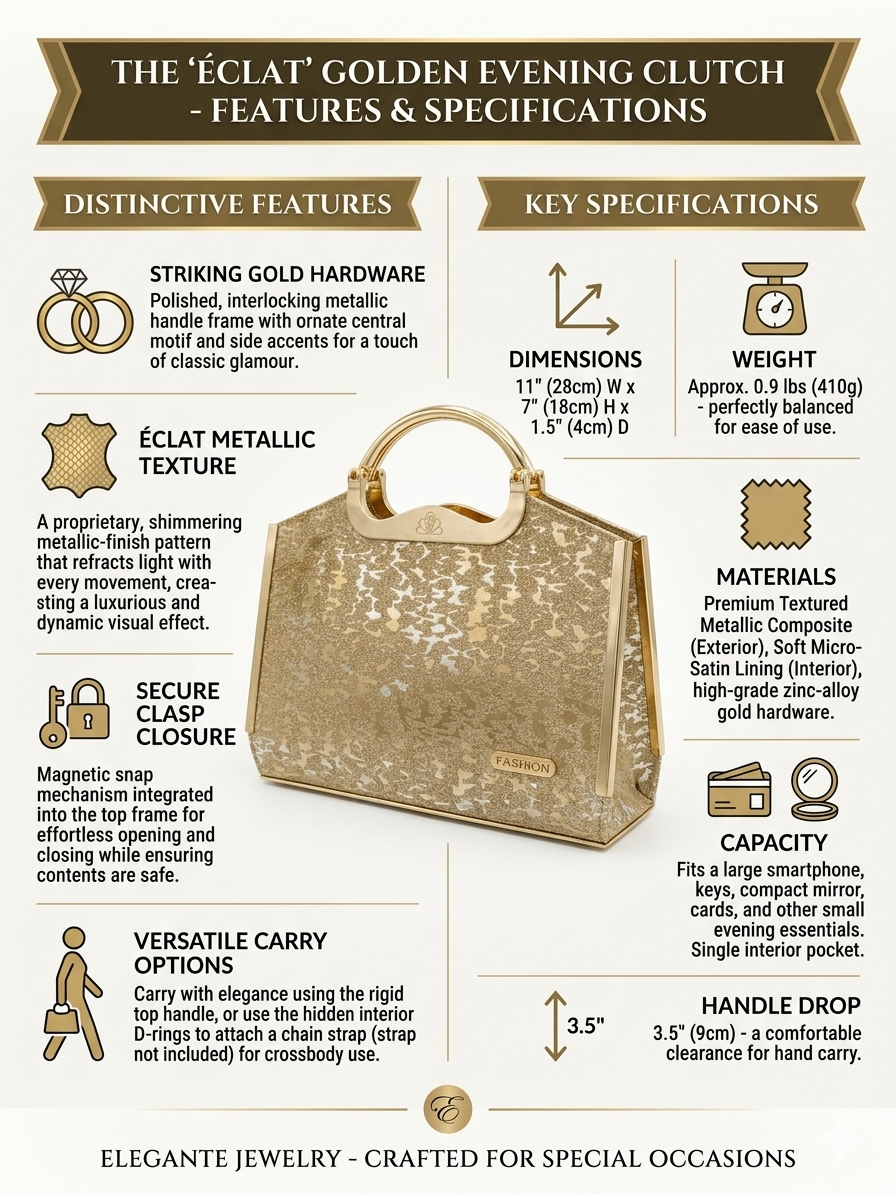 Éclat Golden Evening Clutch for Women | Metallic Textured Party Handbag with Gold Hardware, Magnetic Closure & Top Handle | Elegant Wedding, Party & Occasion Purse