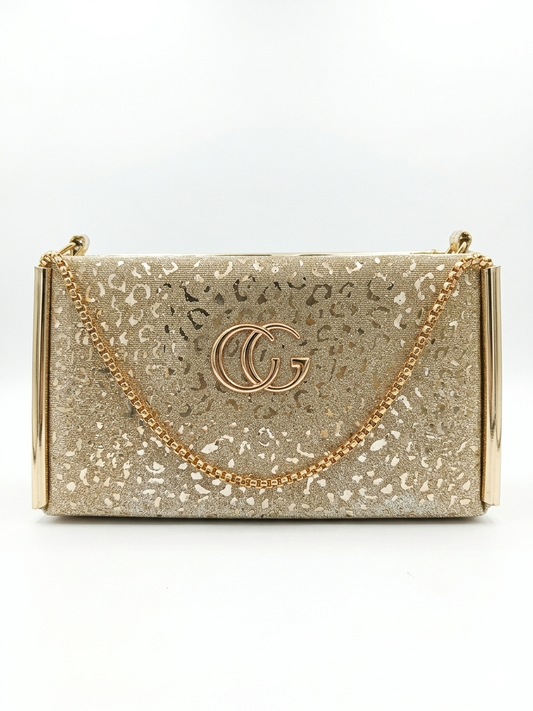 Women’s Glitter Leopard Print Clutch | Gold Party Handbag with Chain Strap, Magnetic Closure & Satin Lining